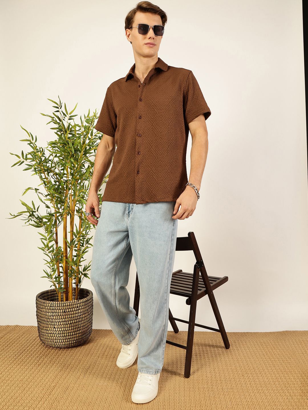 Thomas Scott Men Classic Spread Collar Textured Printed Oversized Casual Shirt