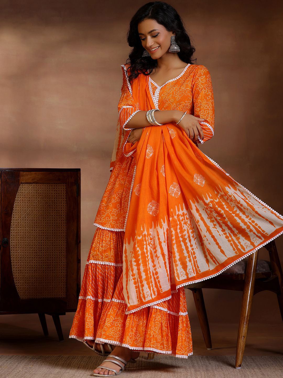 Libas Women Bandhani Printed Pleated Pure Cotton Kurti With Sharara & Dupatta