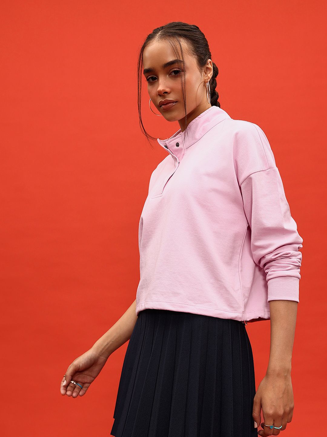 DressBerry Solid Mock Collar Relaxed Sweatshirt