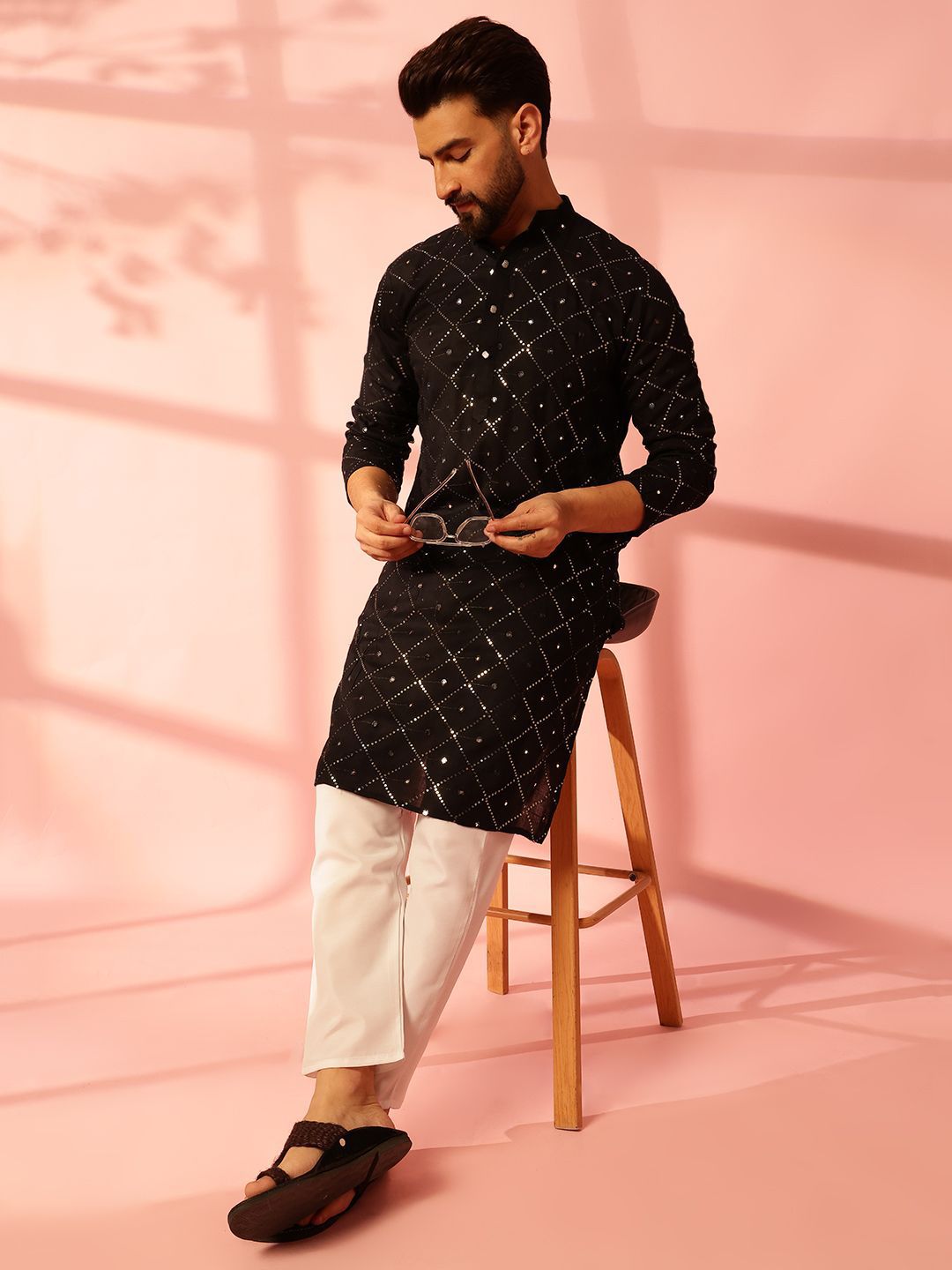 Anouk Geometric Embroidered Band Collar Mirror Work Cotton Straight Kurta