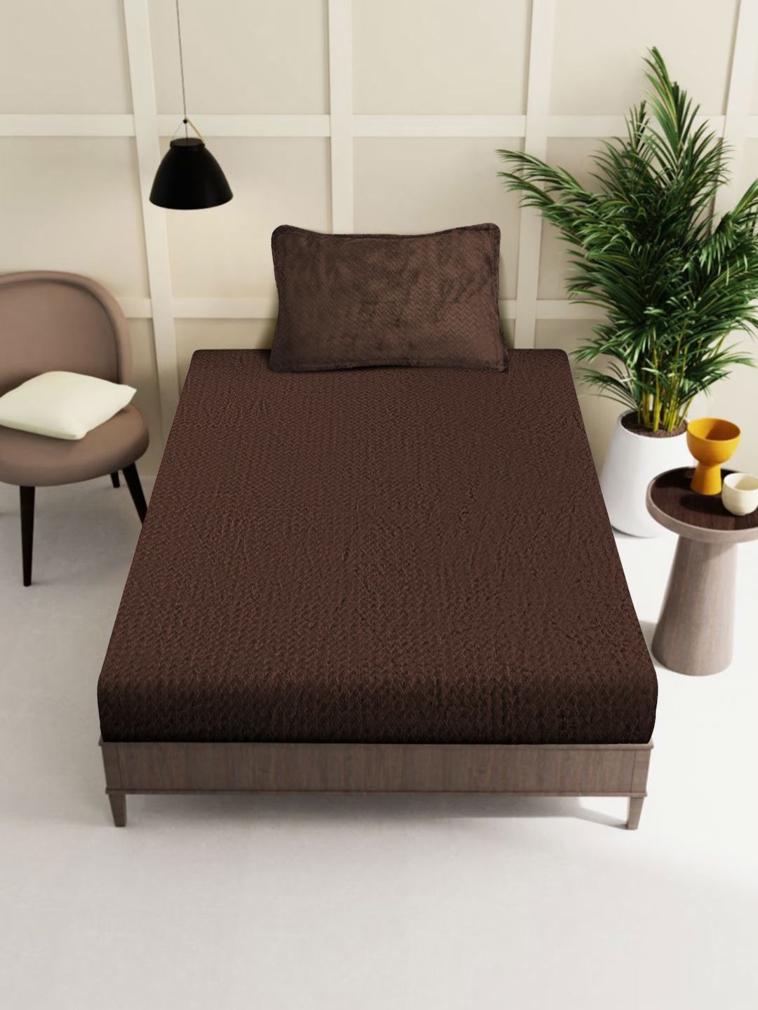 KLOTTHE Brown Abstract 300TC Woolen Single Fitted Bedsheet & 1 Pillow Cover