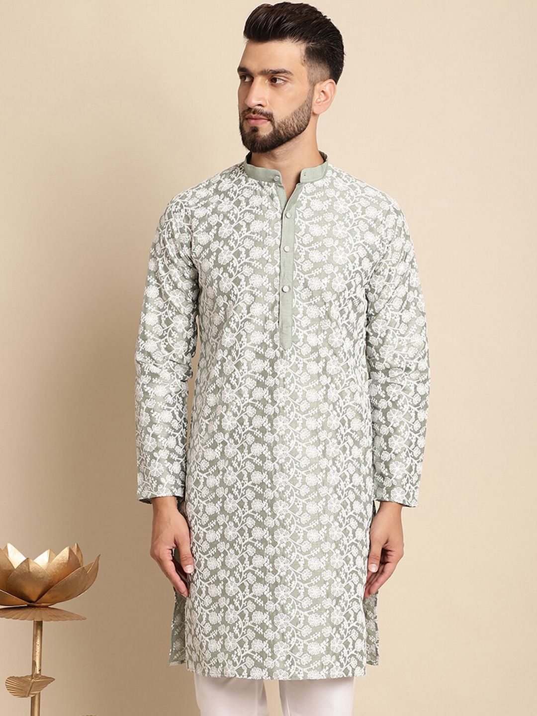 Anouk Floral Embroidered Band Collar Silk Cotton Straight Kurta