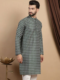 Kurta Lurus Kolar Mandarin Bercetak Motif Etnik Hijau Anouk
