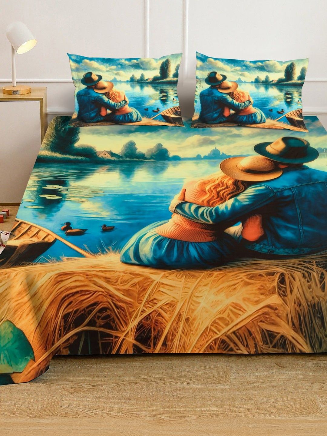 KLOTTHE Blue & Brown Printed 400 TC Double Bedsheet With 2 Pillow Covers-98.4 x 88.5 Inch