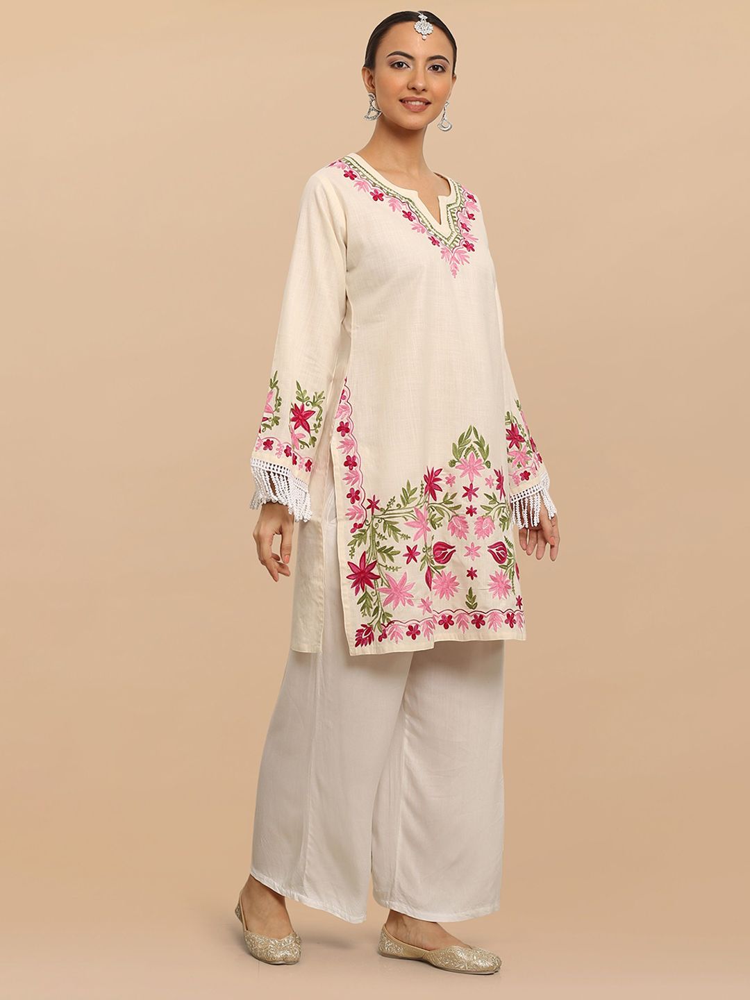 HOUSE OF KARI Falak Kashmiri Embroidered Flared Sleeves Thread Work Cotton Straight Kurta