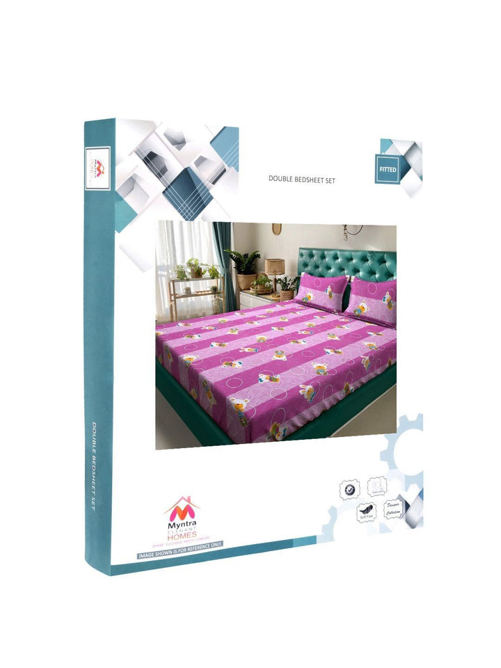 Myntra Elegant Homes Purple Conversational Pure Cotton 400 TC Fitted King Superfine Bedsheet with 2 Pillow Covers-98 x 89 inches