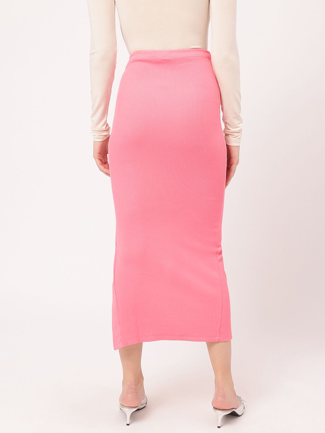 DressBerry Girly Glam Side Slit Ribbed Pencil Midi Skirt
