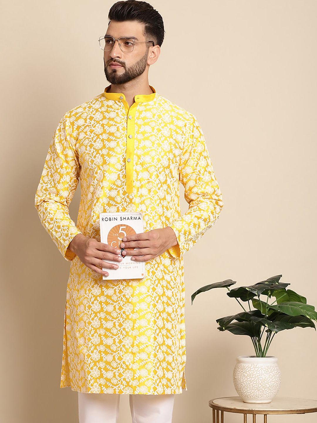 Anouk Floral Embroidered Regular Silk Cotton Straight Kurta
