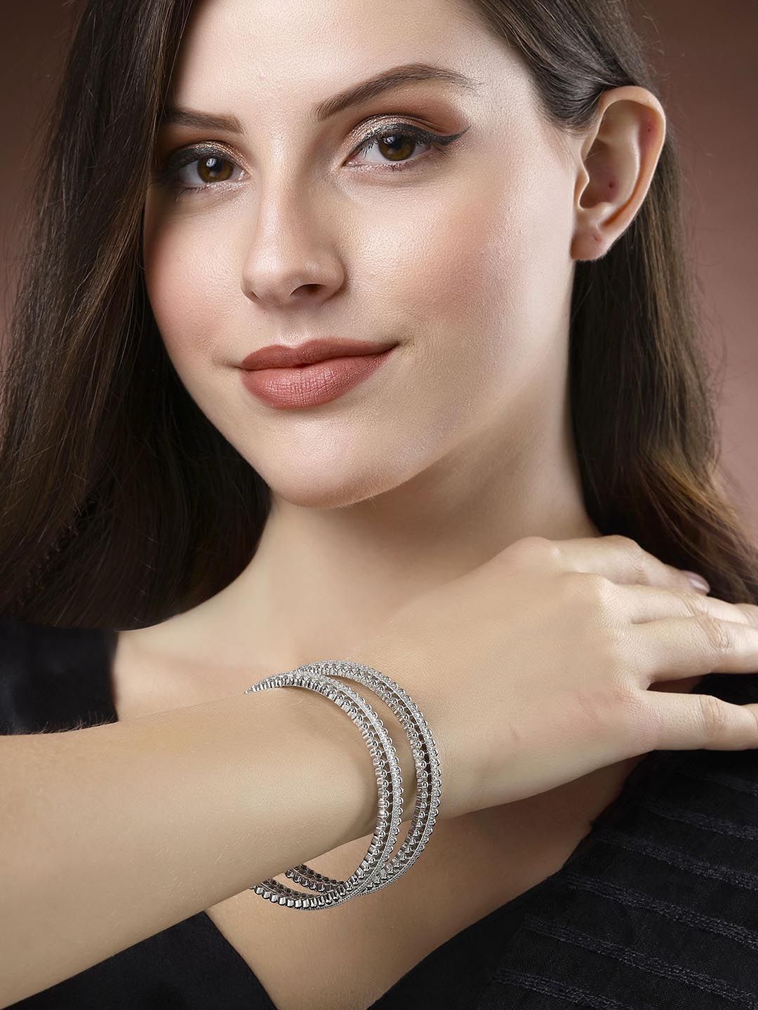 KARATCART Set Of 2 Silver-Plated Cubic Zirconia Studded Bangles