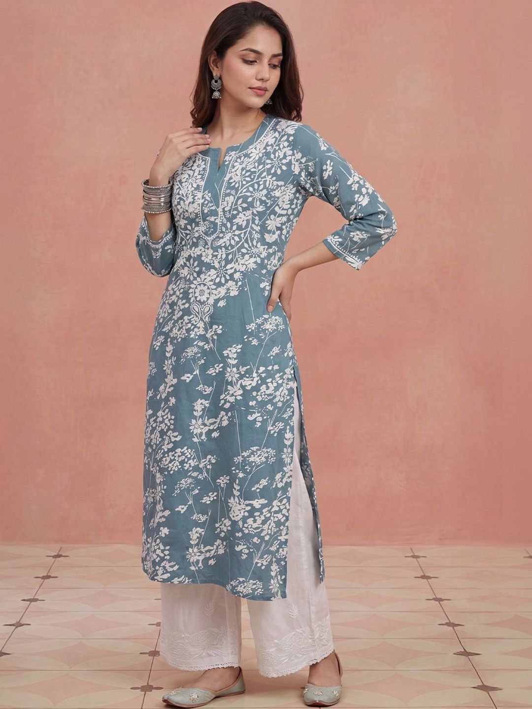Rumah Wanita Chikankari Kurta Chikankari Sulaman Bunga
