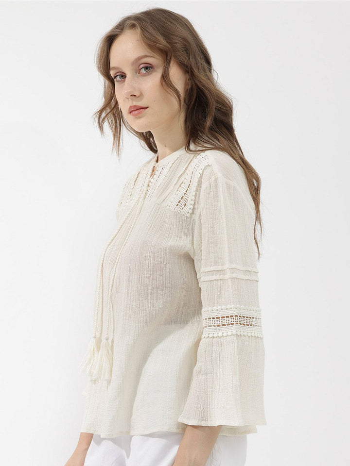 Rareism Striped Tie-Up Neck Bell Lengan Kapas Atas