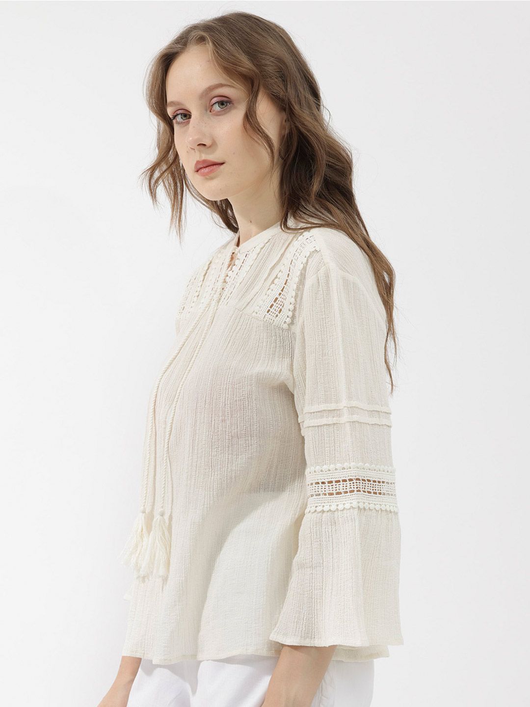 Rareism Striped Tie-Up Neck Bell Lengan Kapas Atas