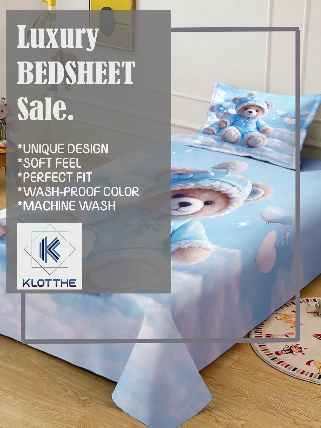 KLOTTHE Blue Cartoon Characters Polycotton Regular 300 TC Single Fine Bedsheets