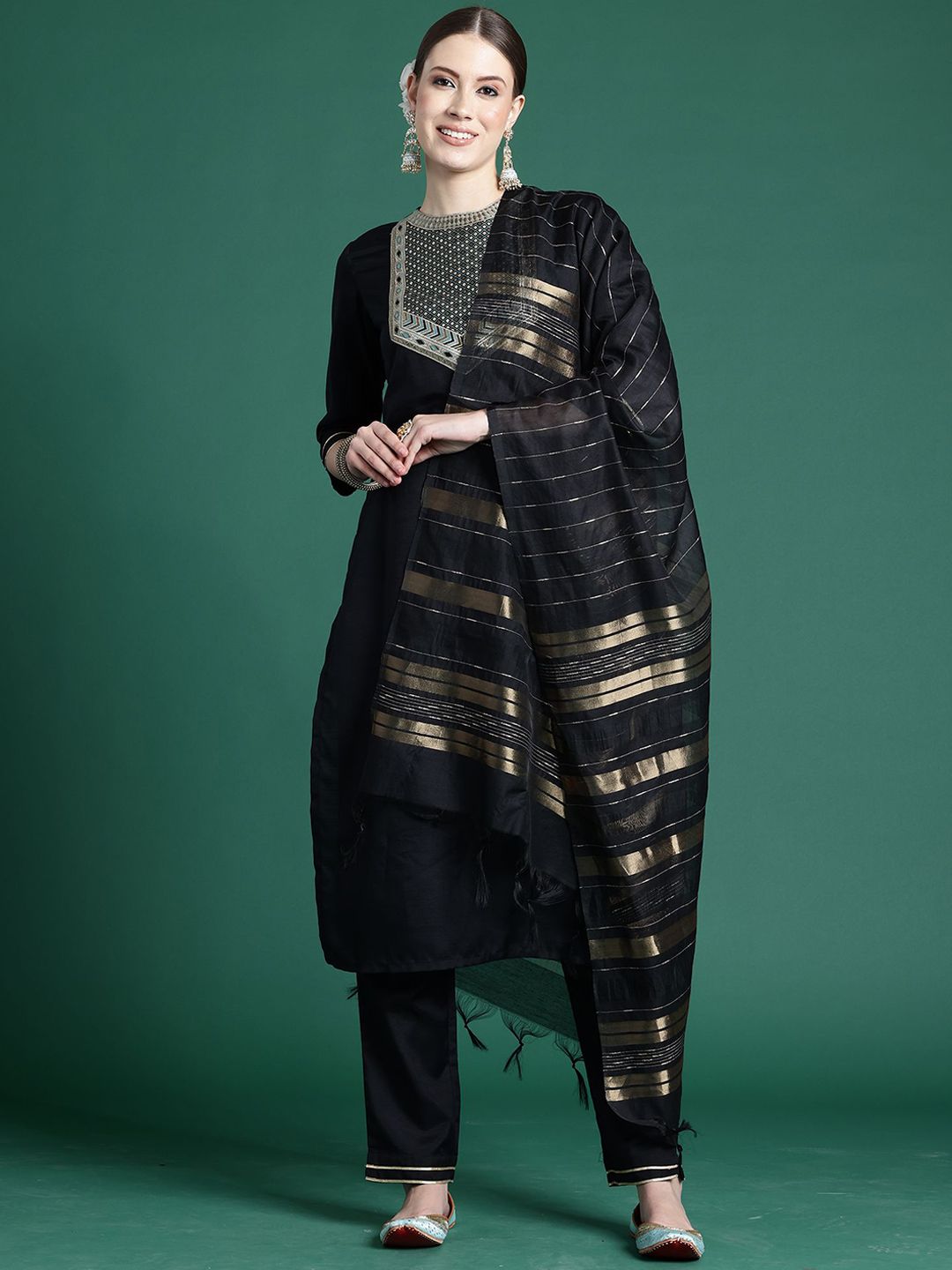 Indo Era Yoke Design Straight Pure Cotton Zari Kurta with Trousers & Dupatta