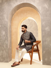 Anouk Black Woven Design Jacquard Silk Straight Kurta With Pyjamas And Nehru Jacket