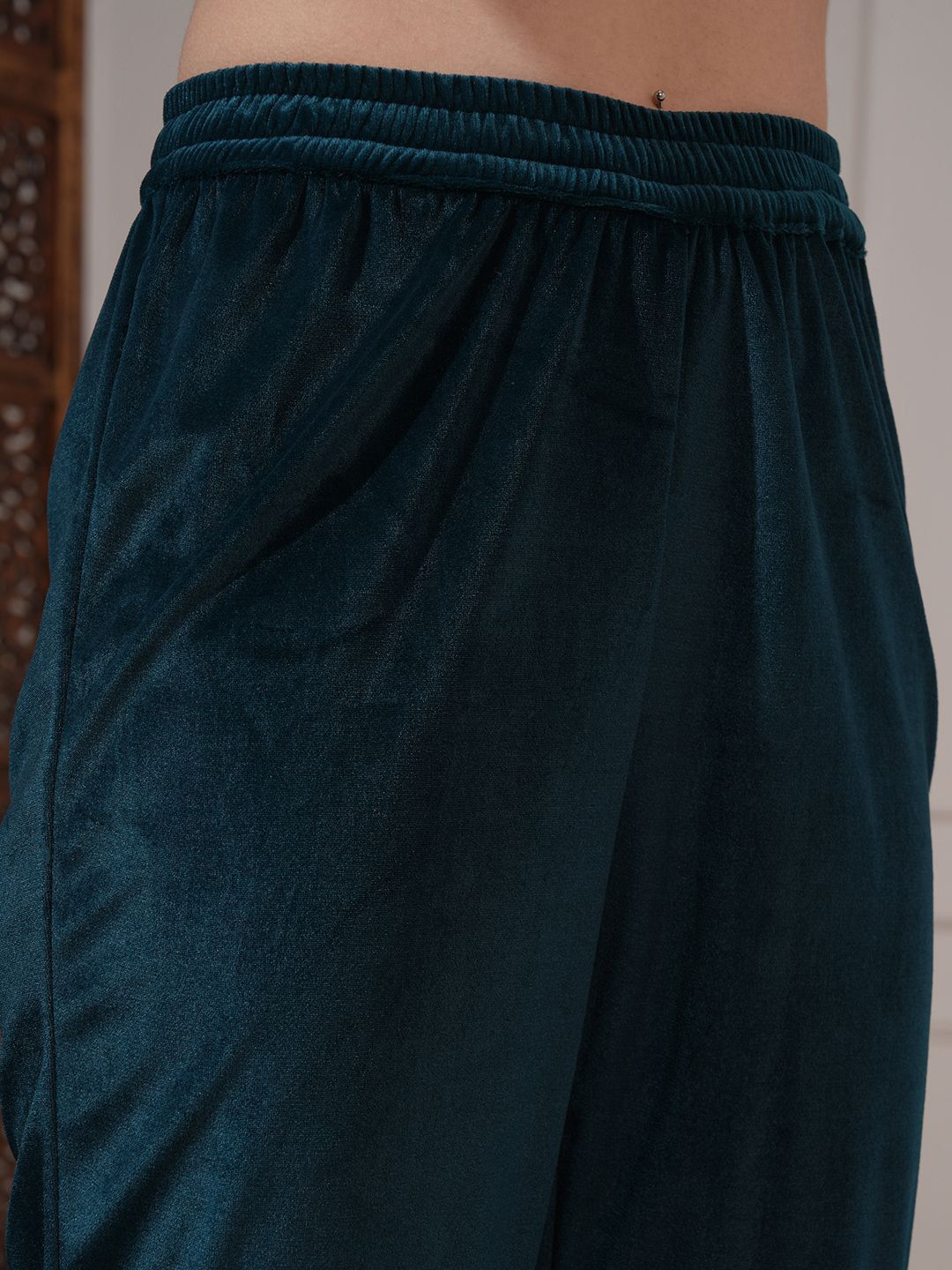 Vishudh Women Embroidered Velvet Gathe Kurta with Slim Palazzo & Dupatta