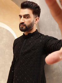 Anouk Black Mandarin Collar Geometric Embroidered Sequinned Pure Cotton Straight Kurta