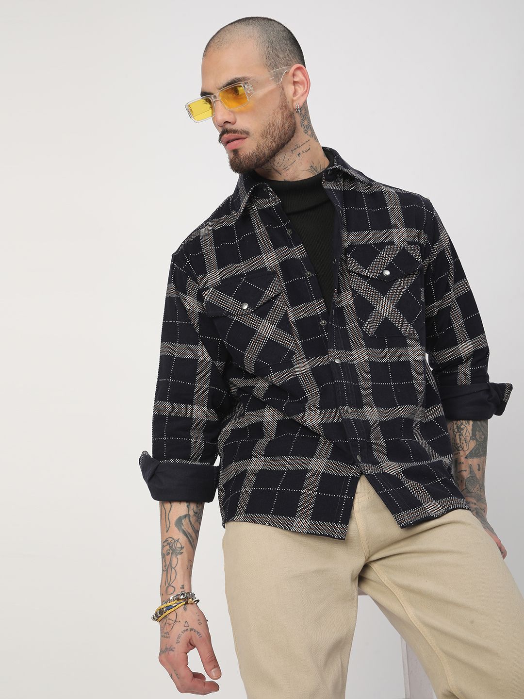 VASTRADO Men Elan Navy Dot Checks Double Flap Pocket Cotton Corduroy Overshirt