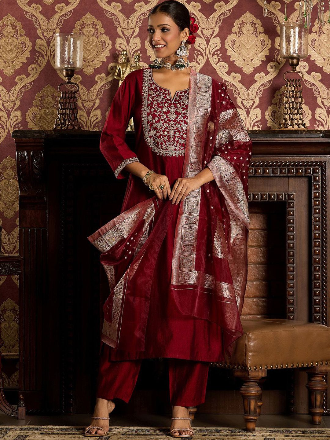 Indo Era Ethnic Motifs Zari Embroidered Liva Kurta with Trouser & Dupatta