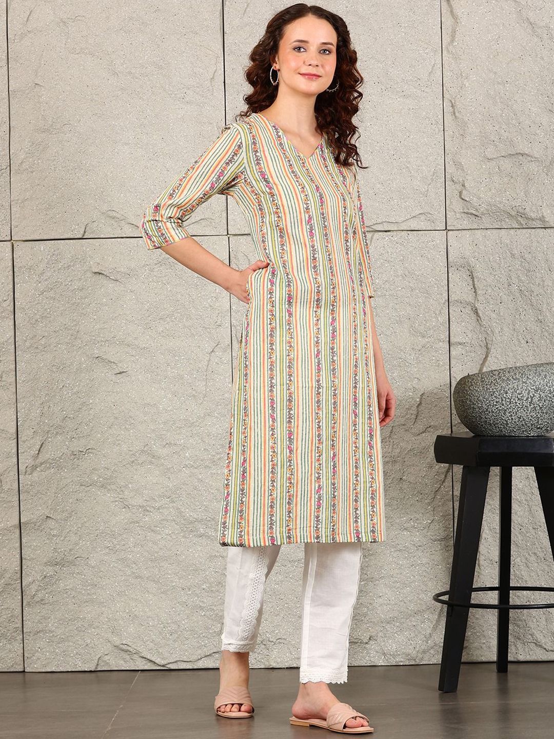 W Women Striped Flared Sleeves Mirror Work Kurta