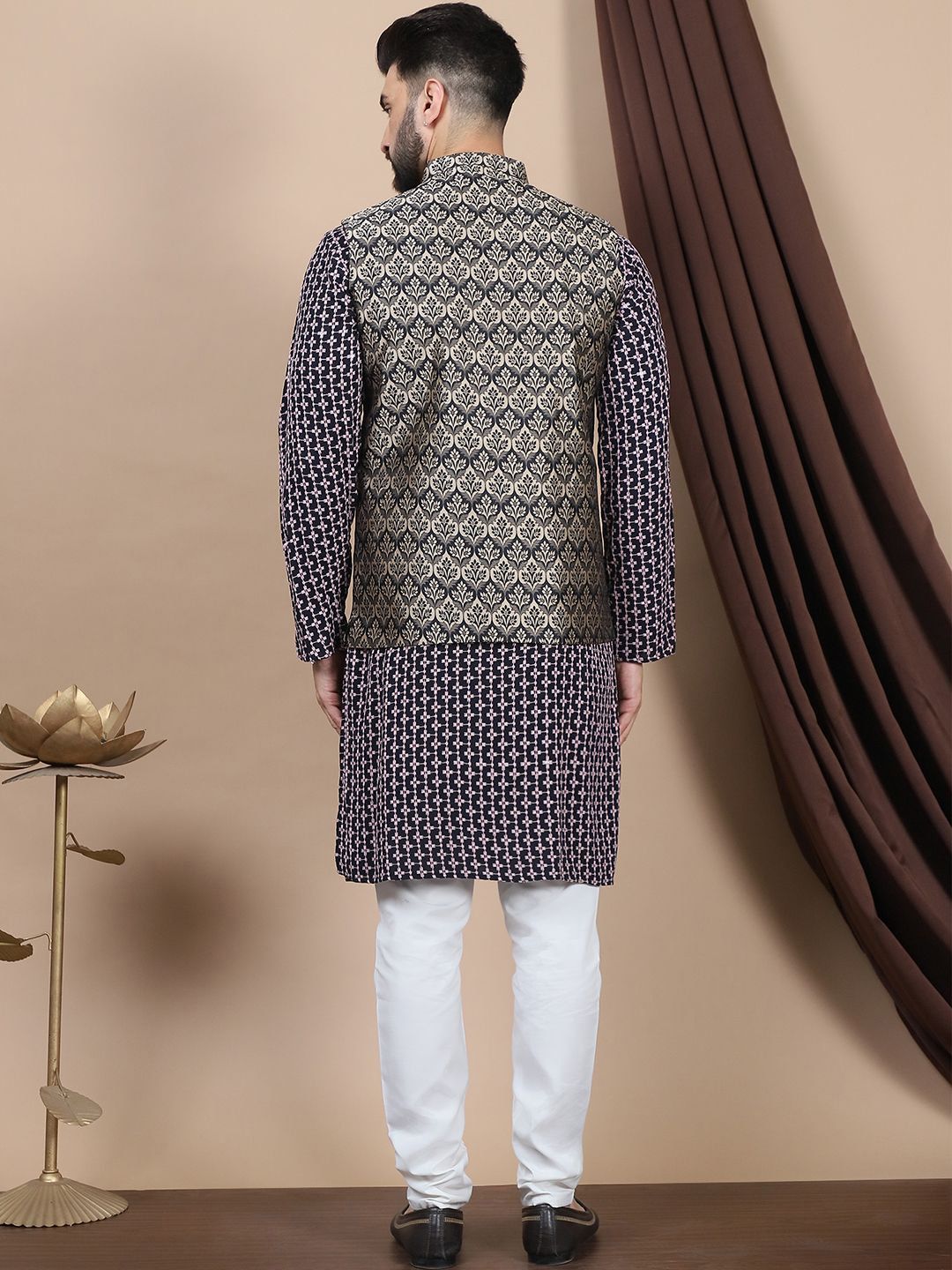 Anouk Geometric Embroidered Pure Cotton Straight Kurta With Churidar & Nehru Jacket
