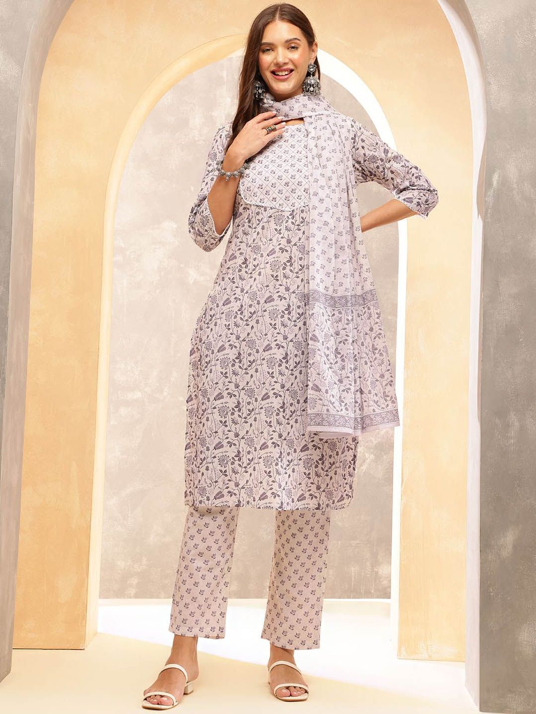 Anouk Women Ethnic Motifs Printed Regular Beads and Stones Pure Cotton Kurta with Trousers & With Dupatta