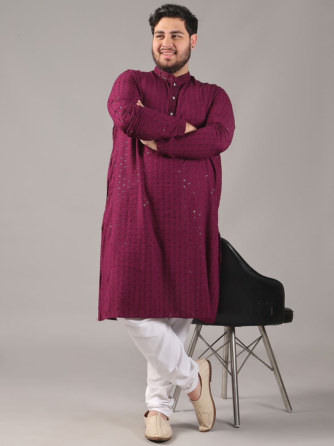 SOJANYA PLUS Size Floral Embroidered Band Collar Sequinned Cotton Straight Kurta