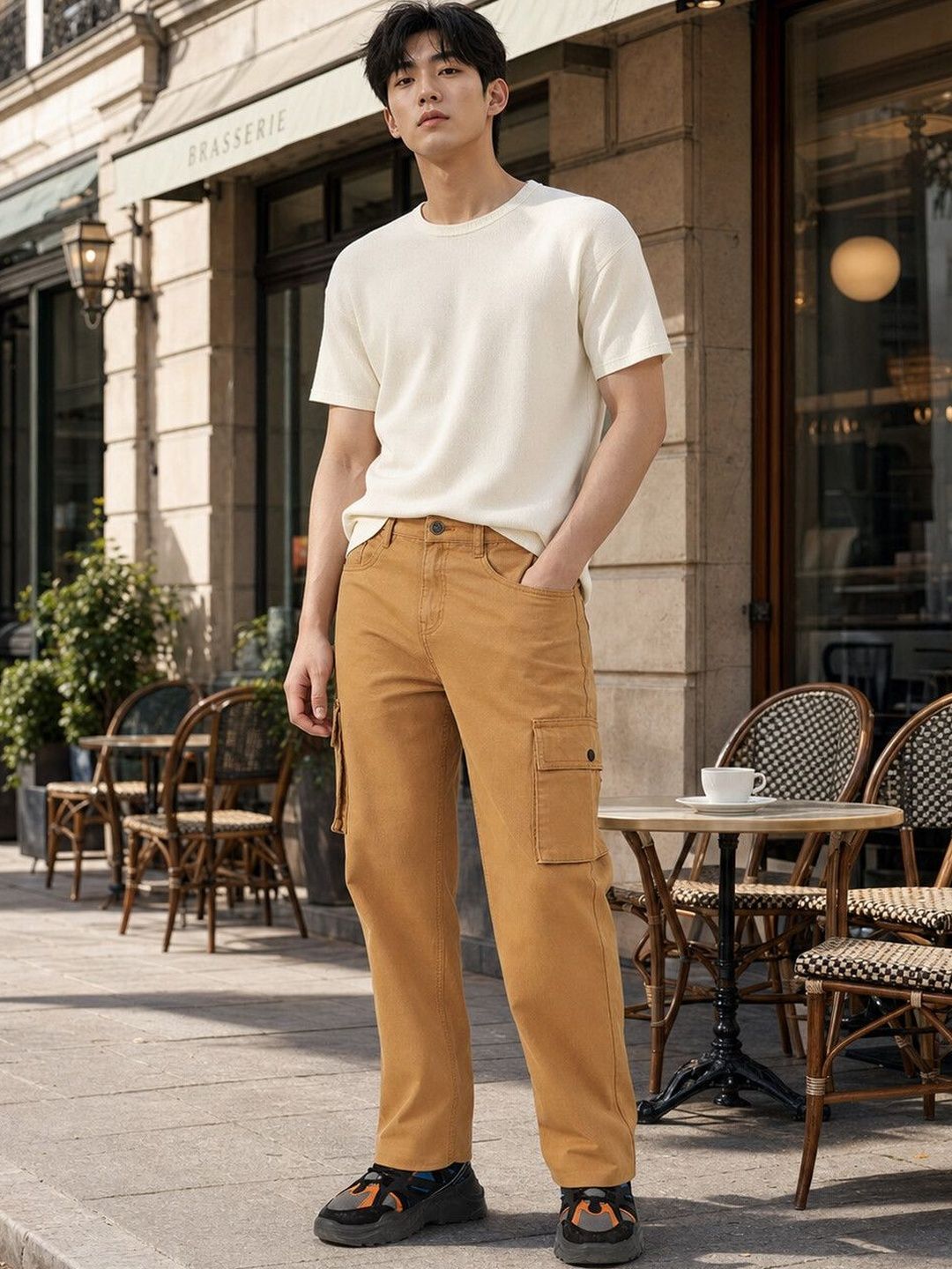 Eszett Lelaki Cotton Solid Baggy Cargos Trousers