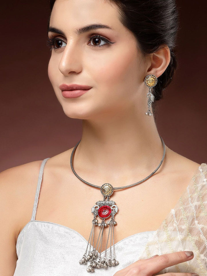 KARATCART Silver-Plated Red Stones Studded Oxidised Peacock Design Hasli Jewellery Set