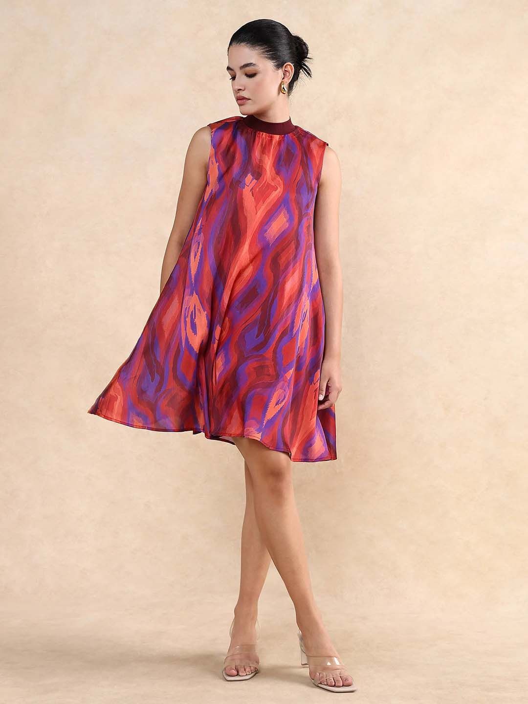 RAREISM Women Abstract Printed Round Neck A-Line Dress