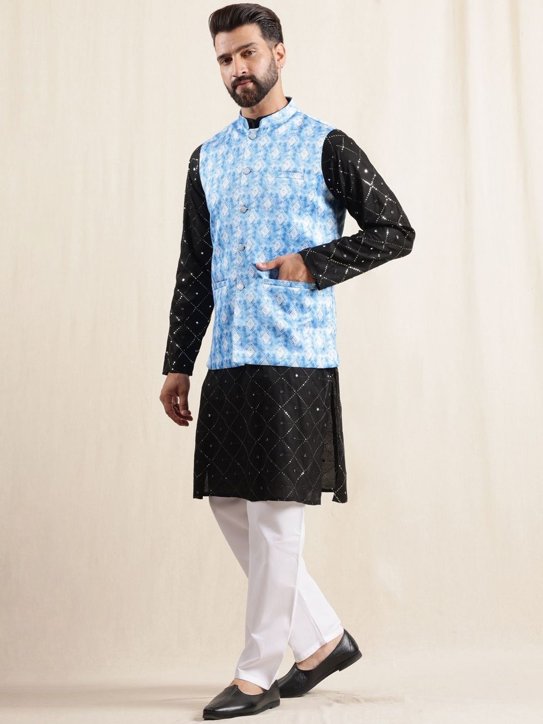 Anouk Embroidered Sequnnied Pure Cotton Straight Kurta With Pyjamas & Nehru Jacket