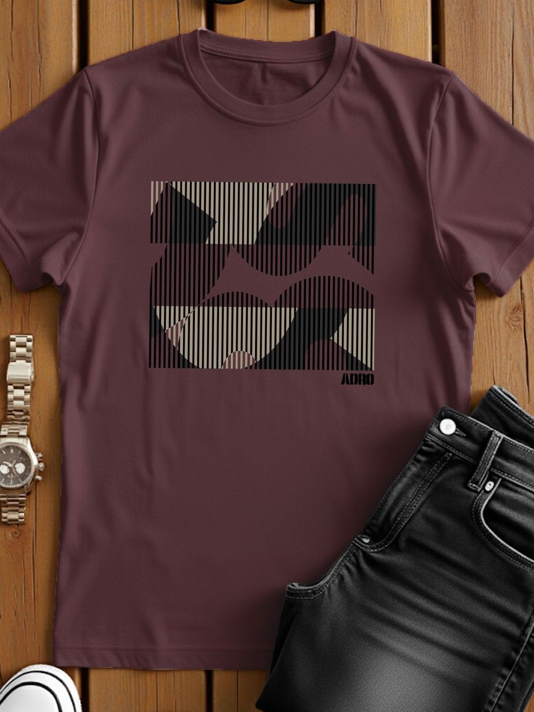 ADRO Geometric Printed Round Neck Skin-Friendly Regular Fit T-shirt