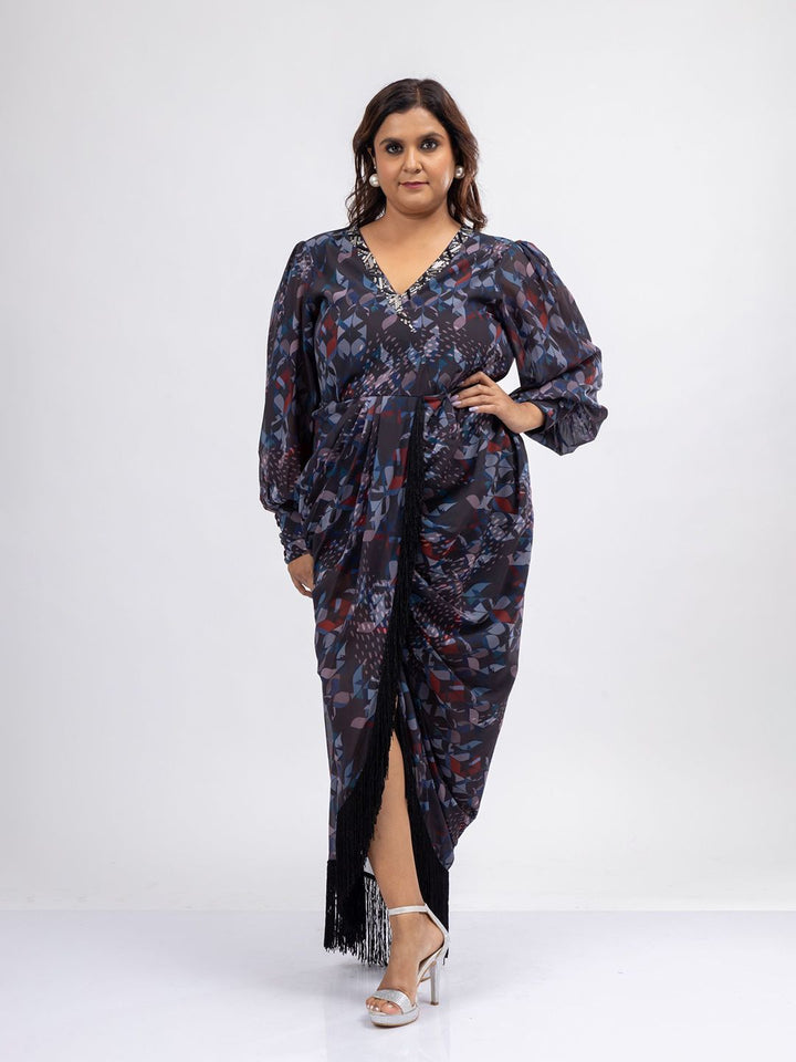 Mamicha Wanita Bercetak V-Neck Puff Lengan Gaun Maxi