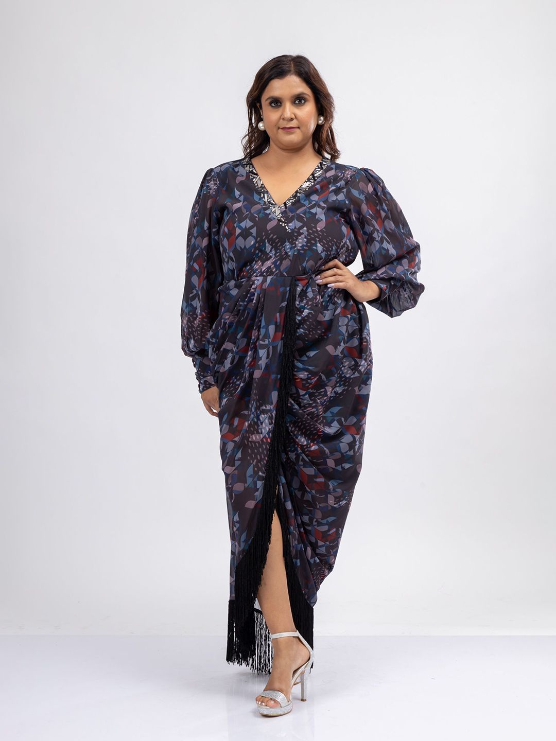 Mamicha Wanita Bercetak V-Neck Puff Lengan Gaun Maxi