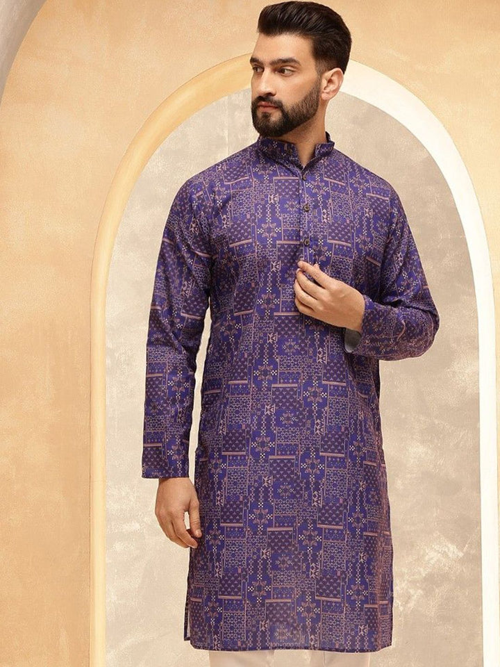 SOJANYA Motif Etnik Printed Band Collar Cotton Linen Kurta Lurus