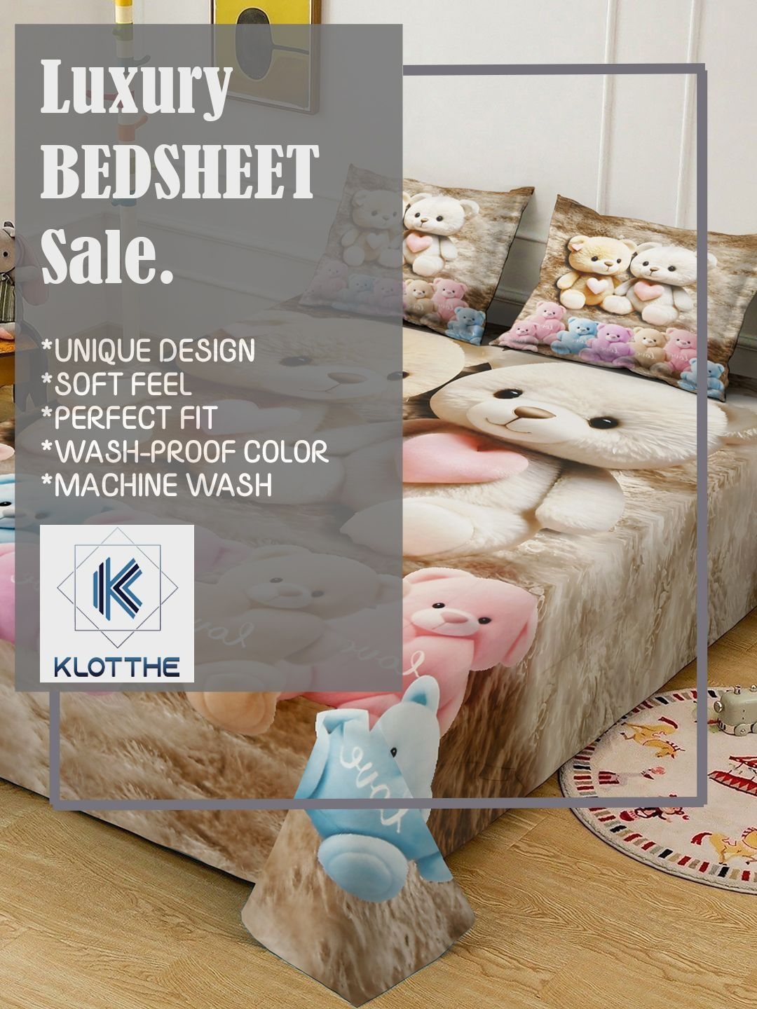 KLOTTHE Beige Cartoon Printed Flat 300 TC Super King Bedsheet With 2 Pillow Cover