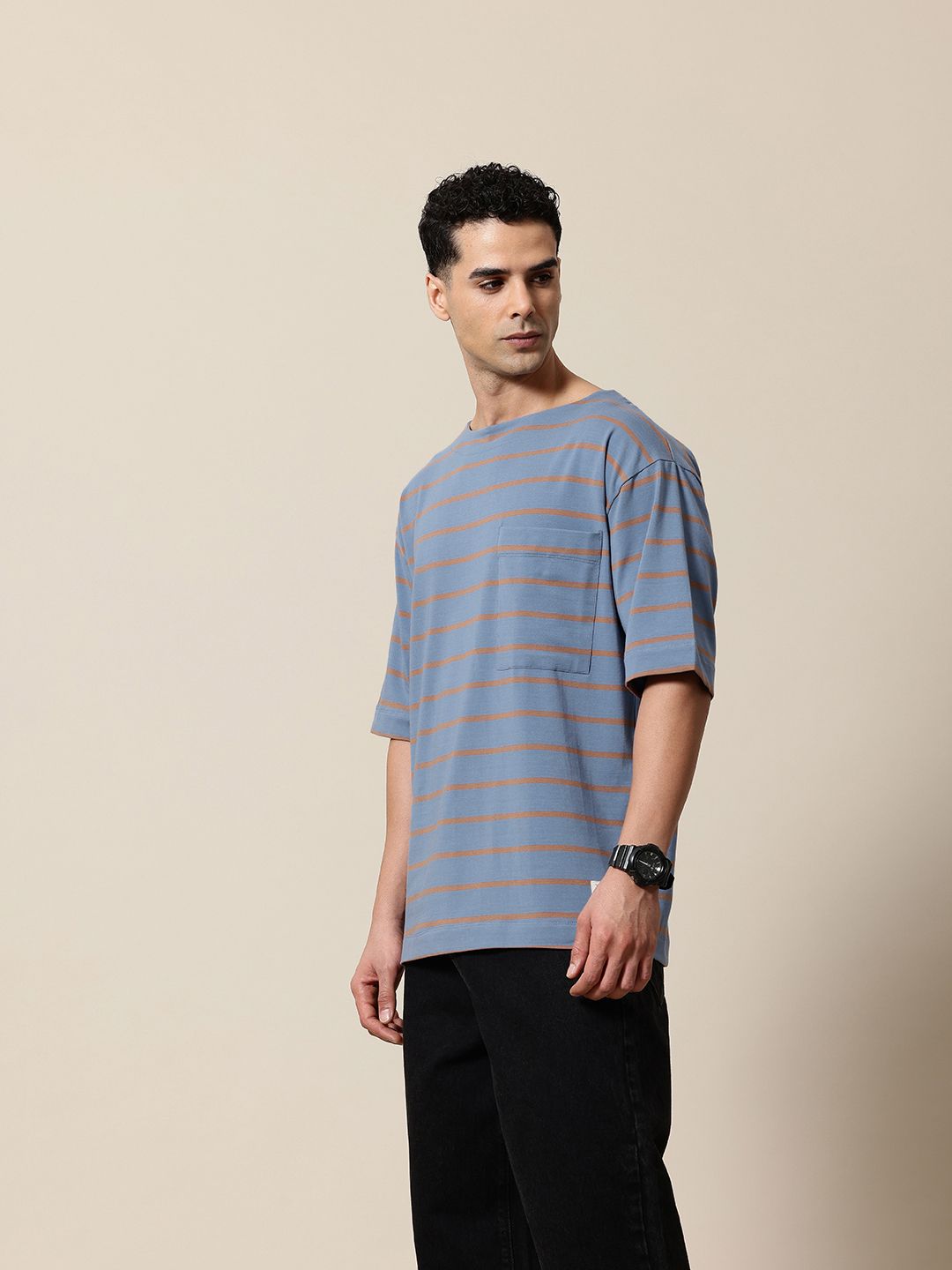 Mr Bowerbird Striped Drop-Shoulder Sleeves Oversized Pockets T-shirt
