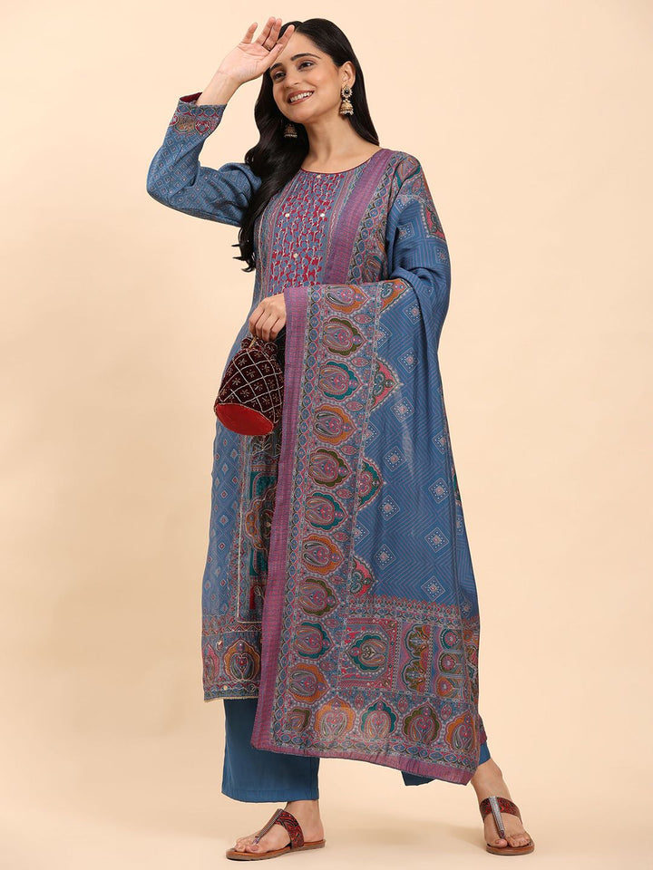 Mamicha Women Ethnic Motifs Embroidered Regular Thread Work Pure Cotton Kurta with Palazzos & With Dupatta
