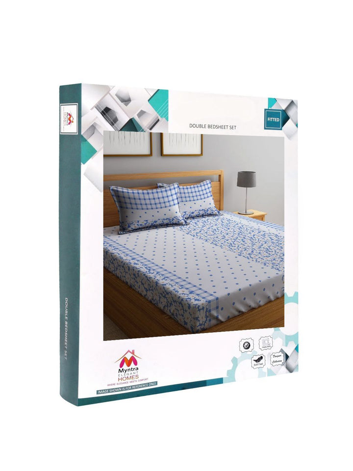 Myntra Elegant Homes White Floral Polycotton 300 TC Fitted King Fine Bedsheet dengan 2 Sarung Bantal-98 x 87 inci