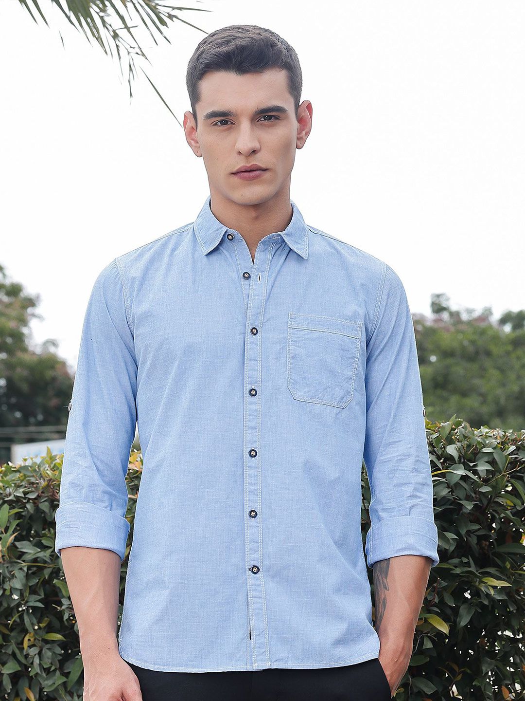 Thomas Scott Classic Slim Fit Spread Collar Roll-Up Sleeves Pure Cotton Casual Shirt