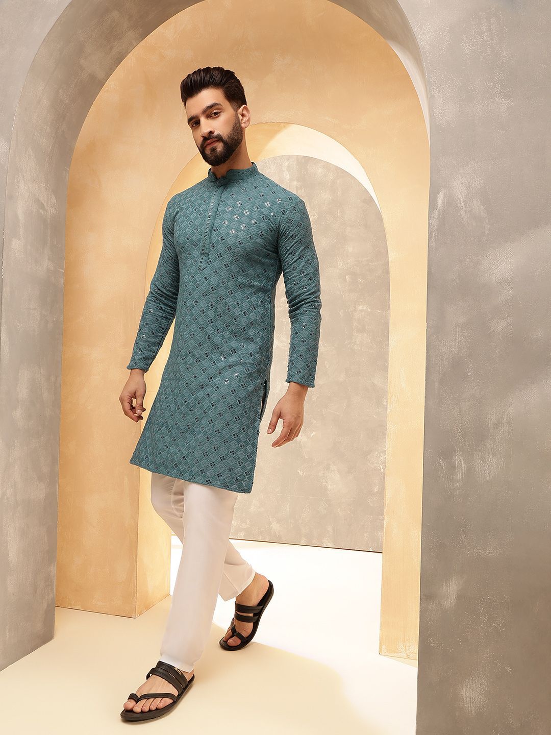 Anouk Teal Geometric Embroidered Sequinned Straight Pure Cotton Kurta With Pyjamas