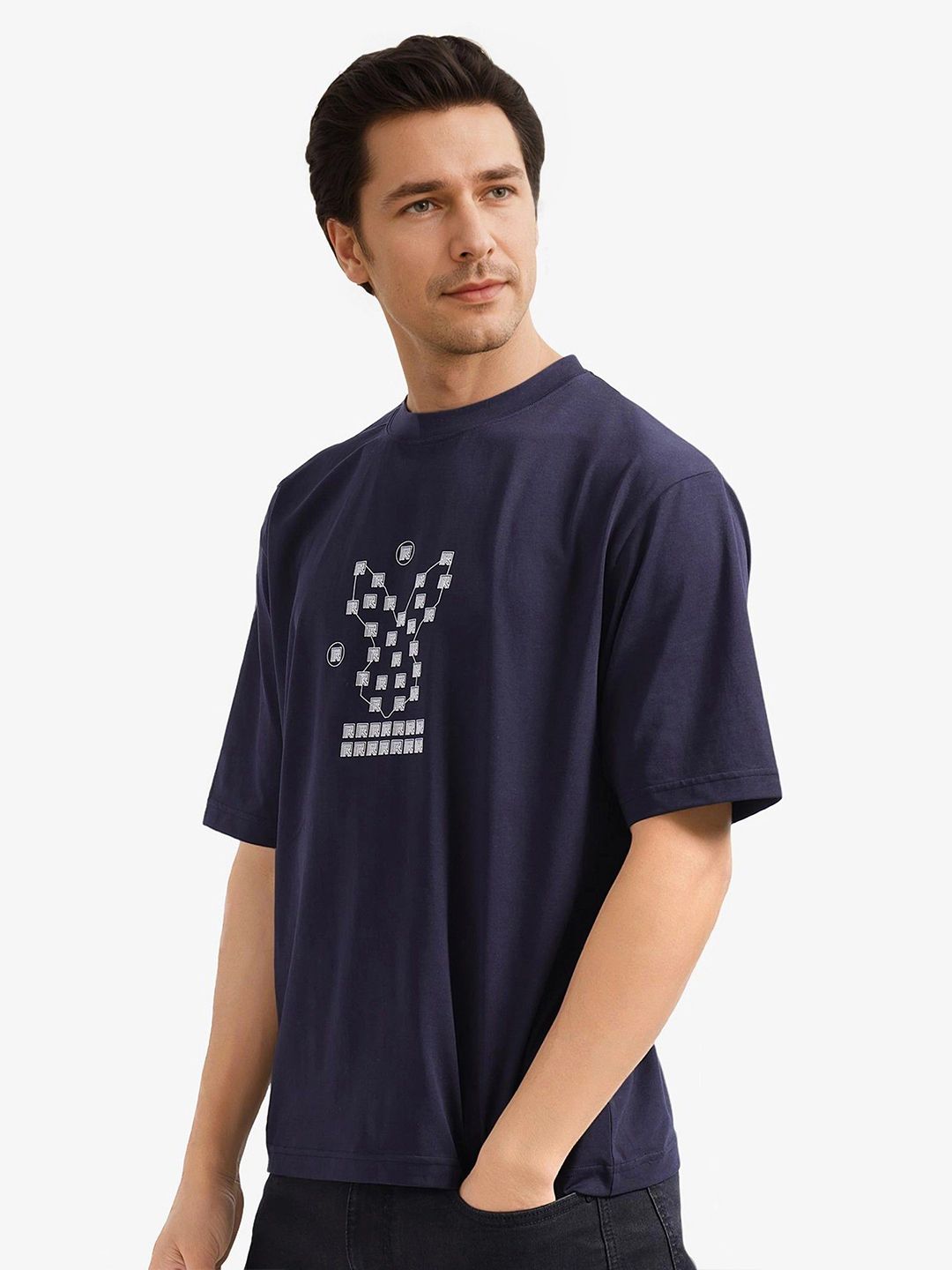 RARE RABBIT Men Graphic Printed Round Neck Cotton Relaxed Fit T-shirt