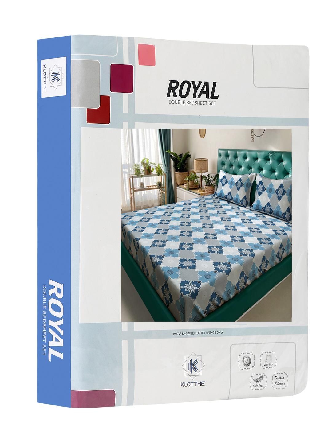 KLOTTHE Biru & Kelabu Geometrik Bercetak 400 TC Kapas Set Cadar King 2.50 m x 2.25 m