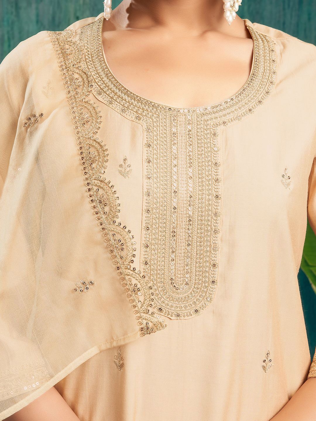 KALINI Ethnic Motifs Embroidered Sequinned Chanderi Silk Kurta & Trouser & Dupatta