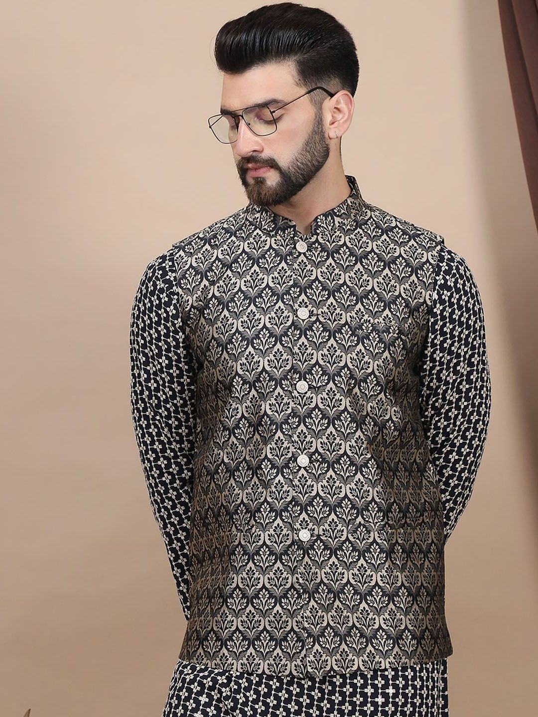 Anouk Geometric Embroidered Pure Cotton Straight Kurta With Churidar & Nehru Jacket