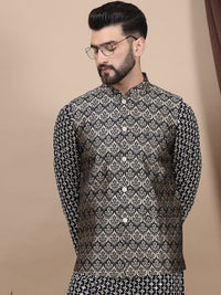 Anouk Geometric Embroidered Pure Cotton Straight Kurta With Churidar & Nehru Jacket