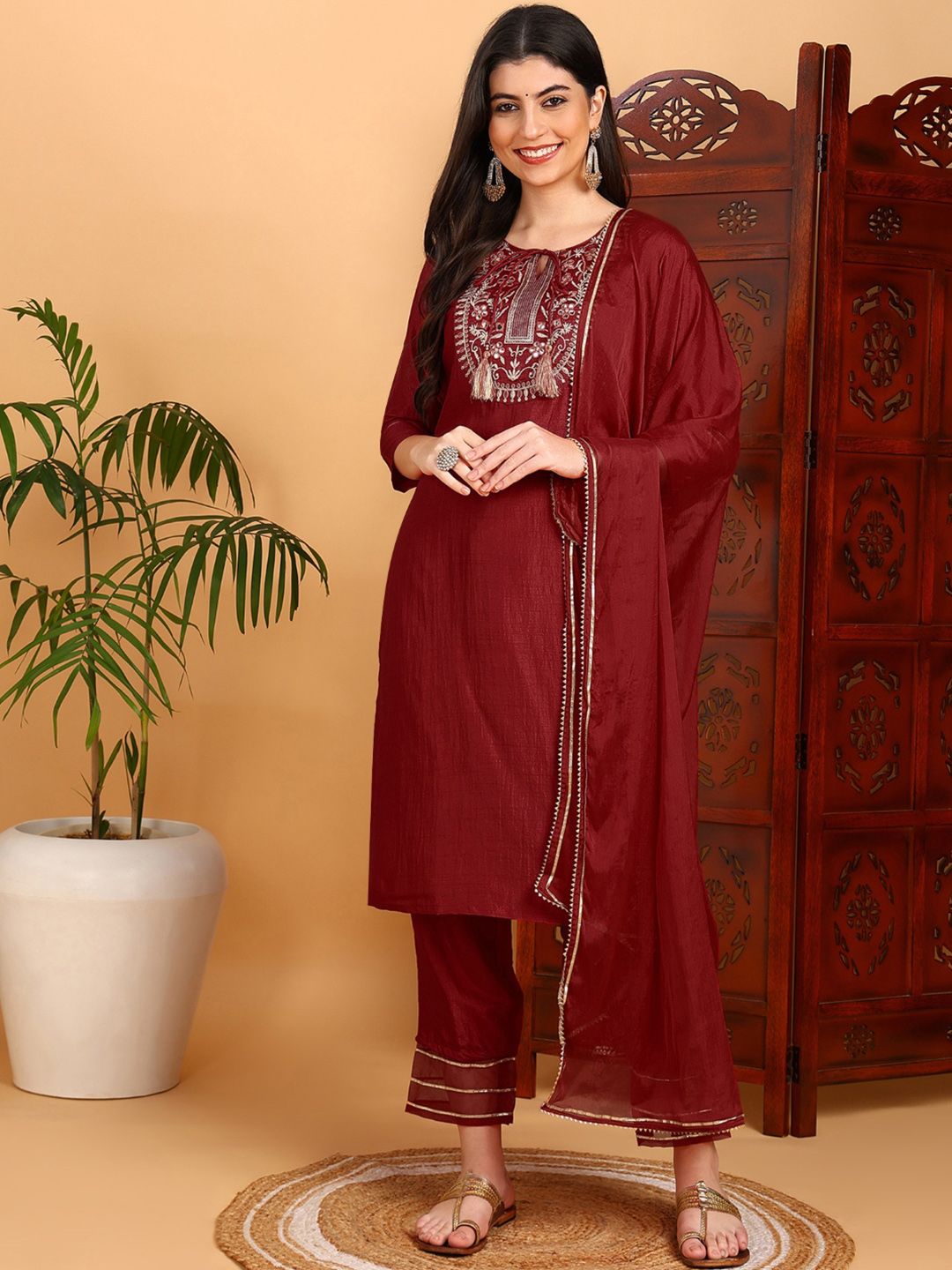 KALINI Ethnic Motifs Yoke Design Mirror Work Straight Kurta & Trousers With Dupatta