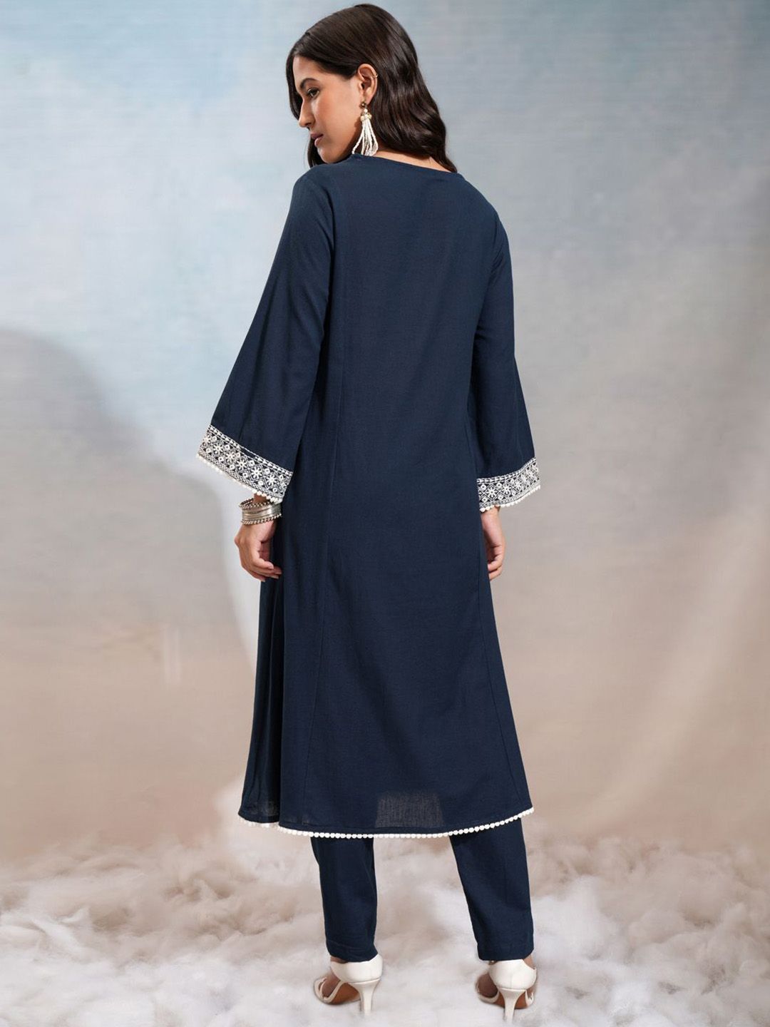 Vishudh Floral Embroidered V-Neck Panelled Mirror Work Kurta With Trousers