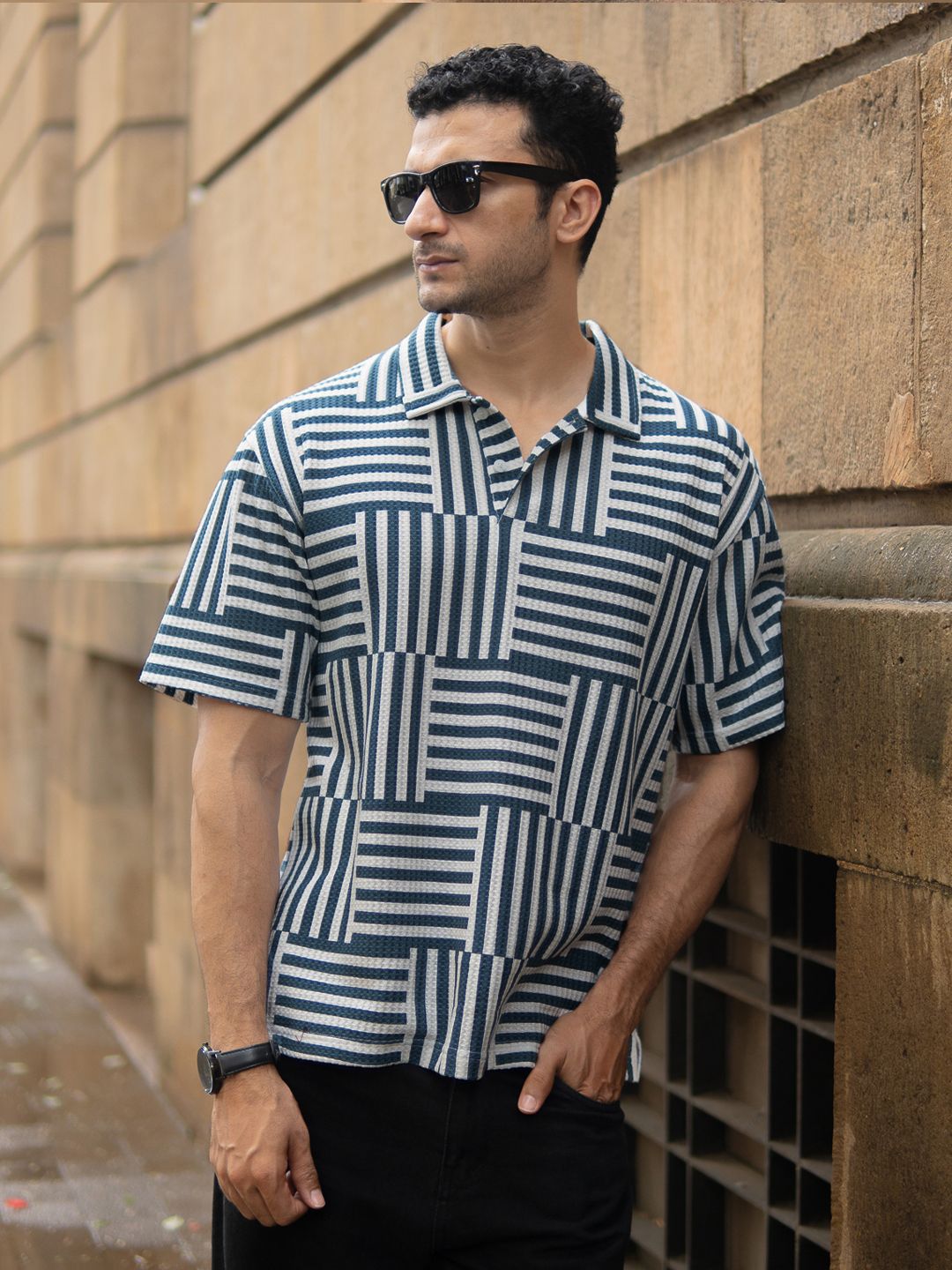 Powerlook SS25 Oversized Geometric Printed Polo Collar Drop-Shoulder Sleeves T-Shirt