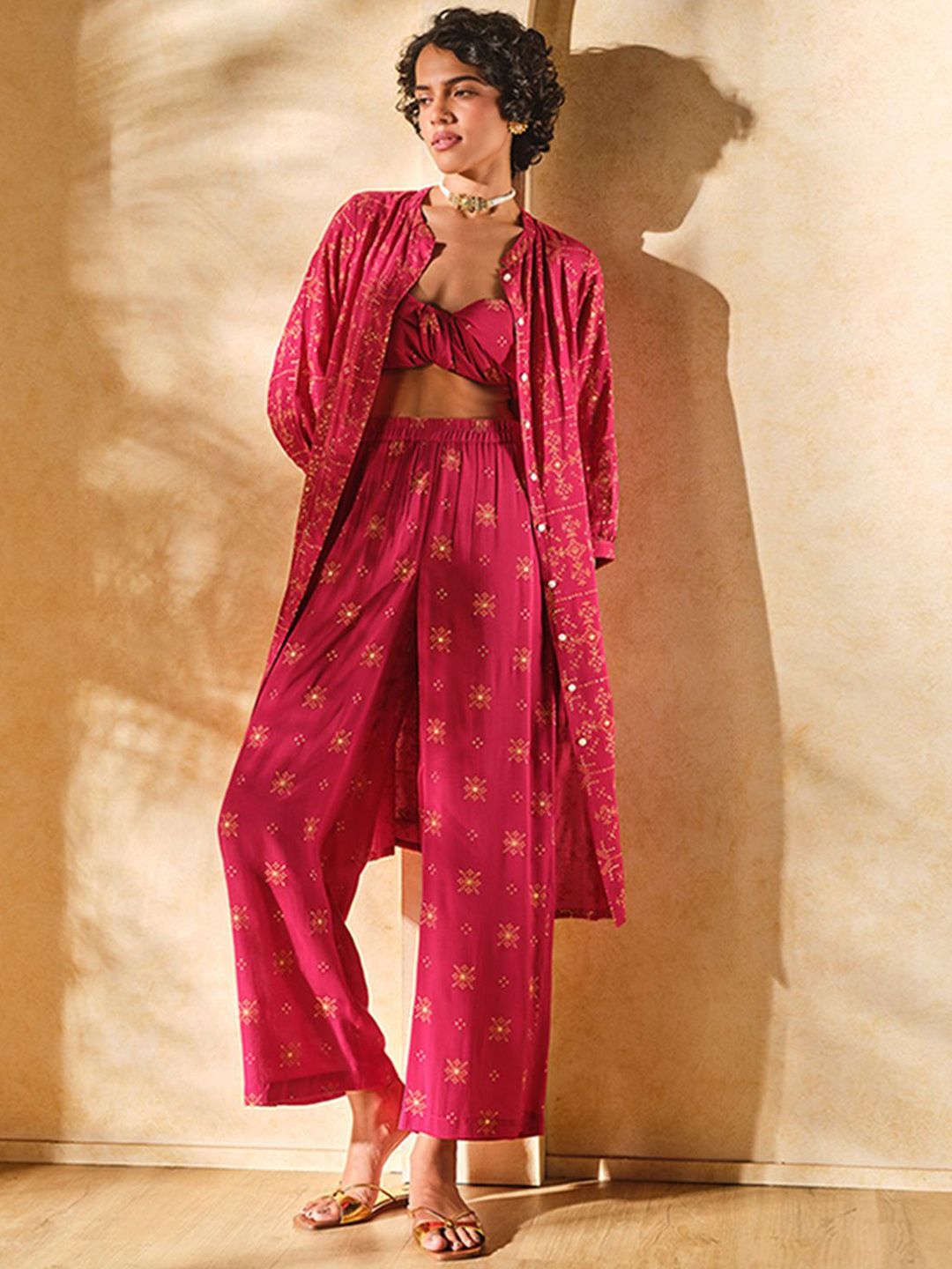 Global Desi Bandhani Printed Mandarin Collar Straight Kurta with Palazzo